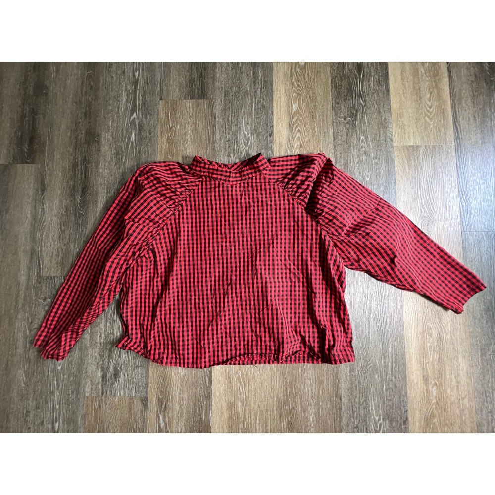 H&M Blouse Womens XXL Red Gingham Puff Sleeve High Neck Long Sleeve Top